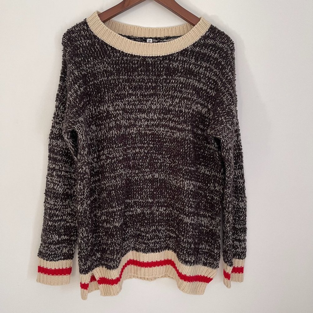 BLUENOTES Women Black Beige Red Long Sleeve Crew Neck Pullover Sweater Size L